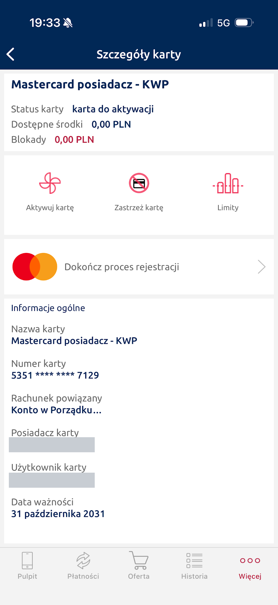 Szczegóły nieaktywnej karty. Nazwisko użytkownika zostało zasłonięte.