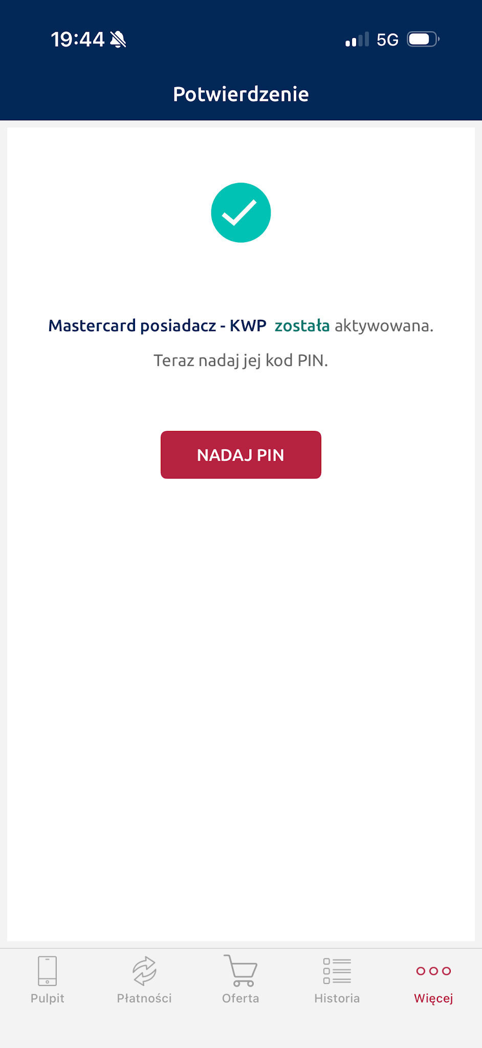 Komunikat po aktywacji z przyciskiem Nadaj PIN.