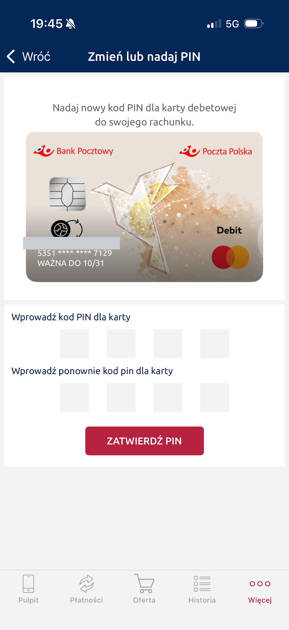 Nadanie kodu do karty. Nowy PIN wpisujesz dwa razy.