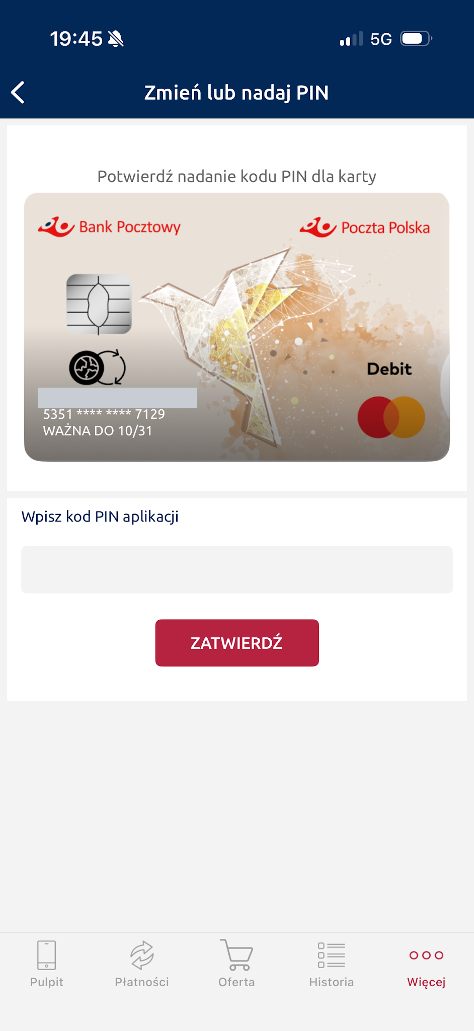 Osobne potwierdzenie nadania PIN kodem do aplikacji.