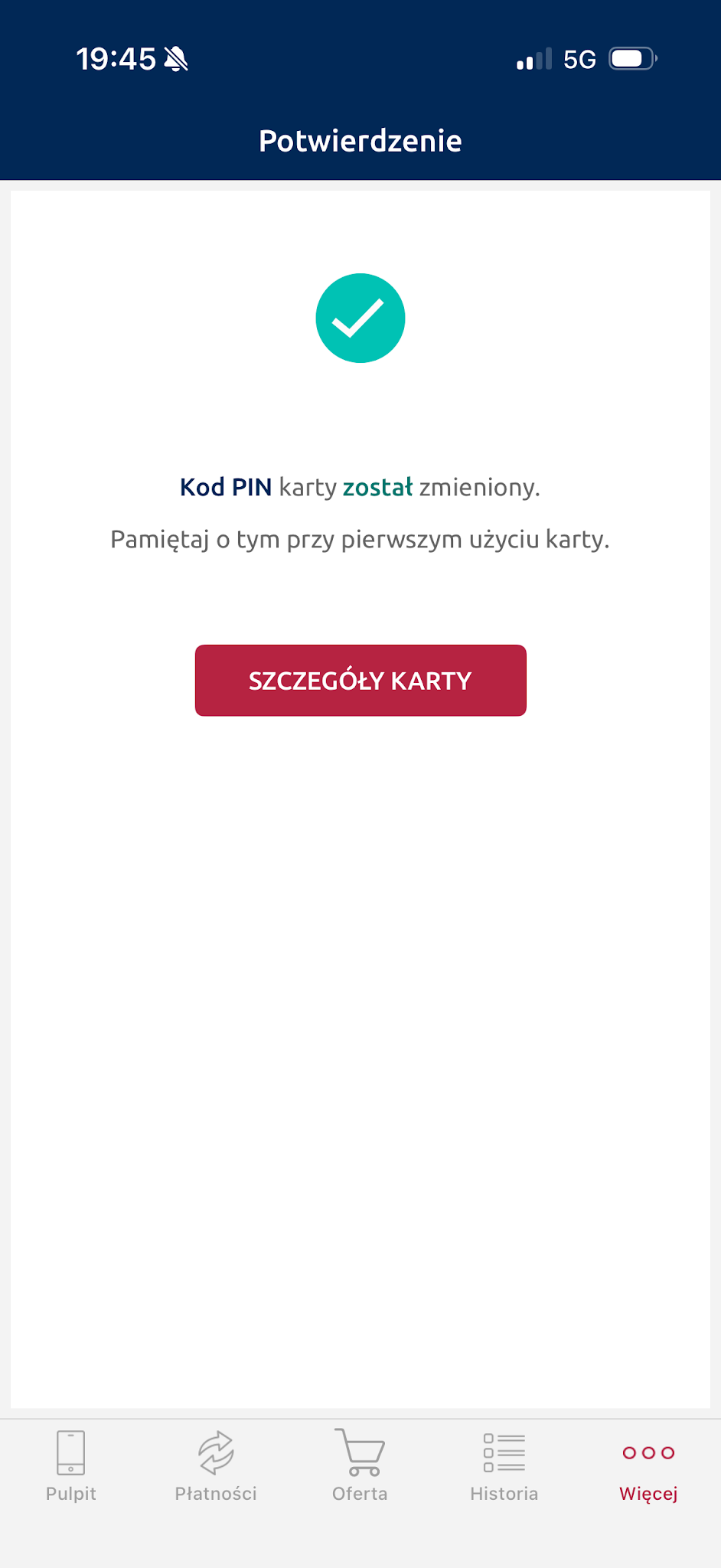 Końcowy komunikat potwierdza zmianę PIN. Przycisk prowadzi do szczegółów karty.