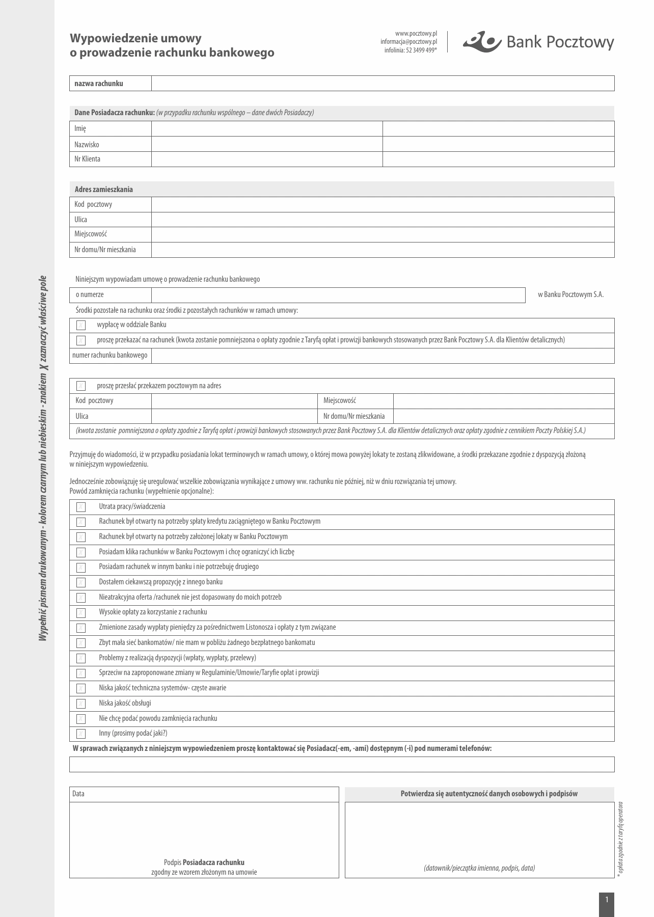 Oficjalny pusty formularz wypowiedzenia Banku Pocztowego. Kliknij obraz, aby powiększyć. Formularz nie został wypełniony ani wysłany.