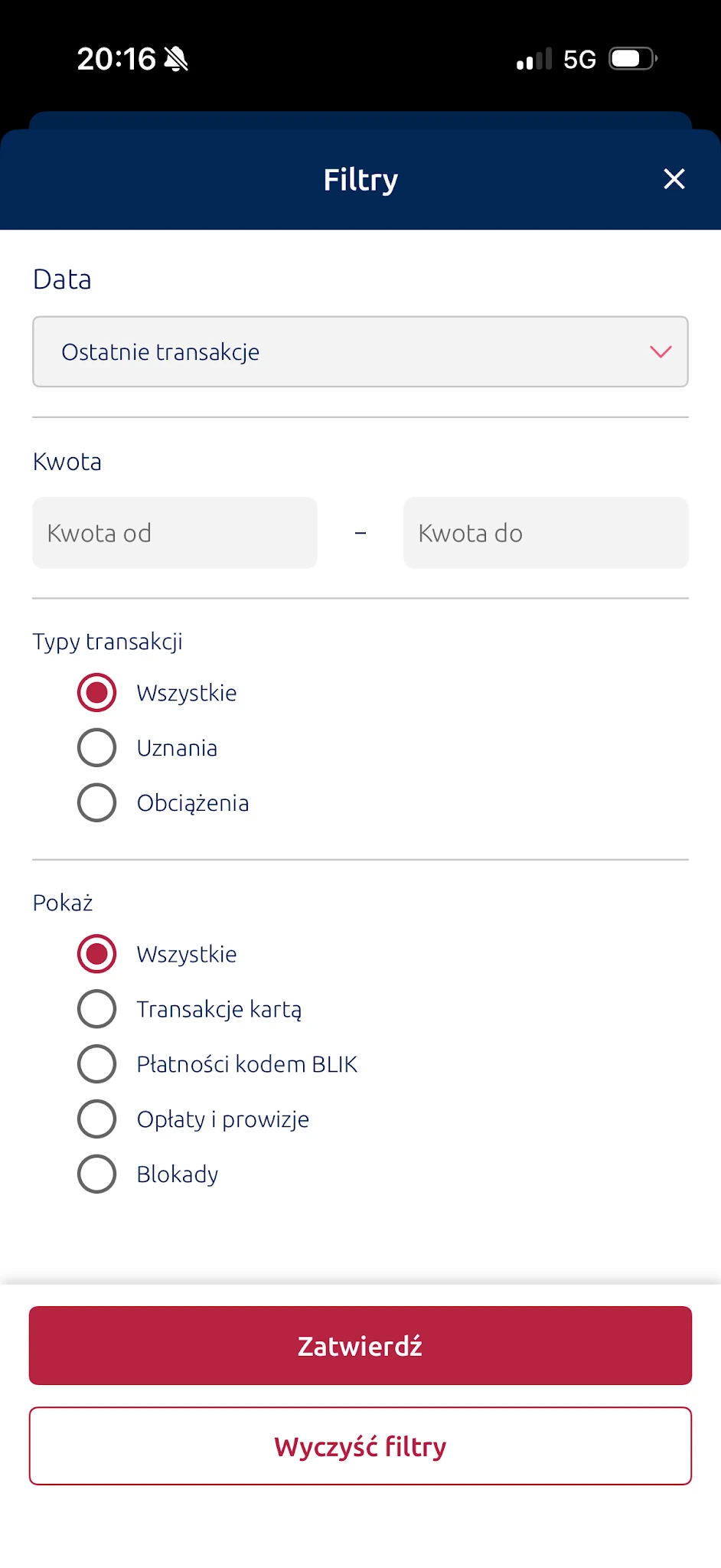 Filtry historii w aplikacji Pocztowy. Możesz wybrać datę, kwotę i typ transakcji.