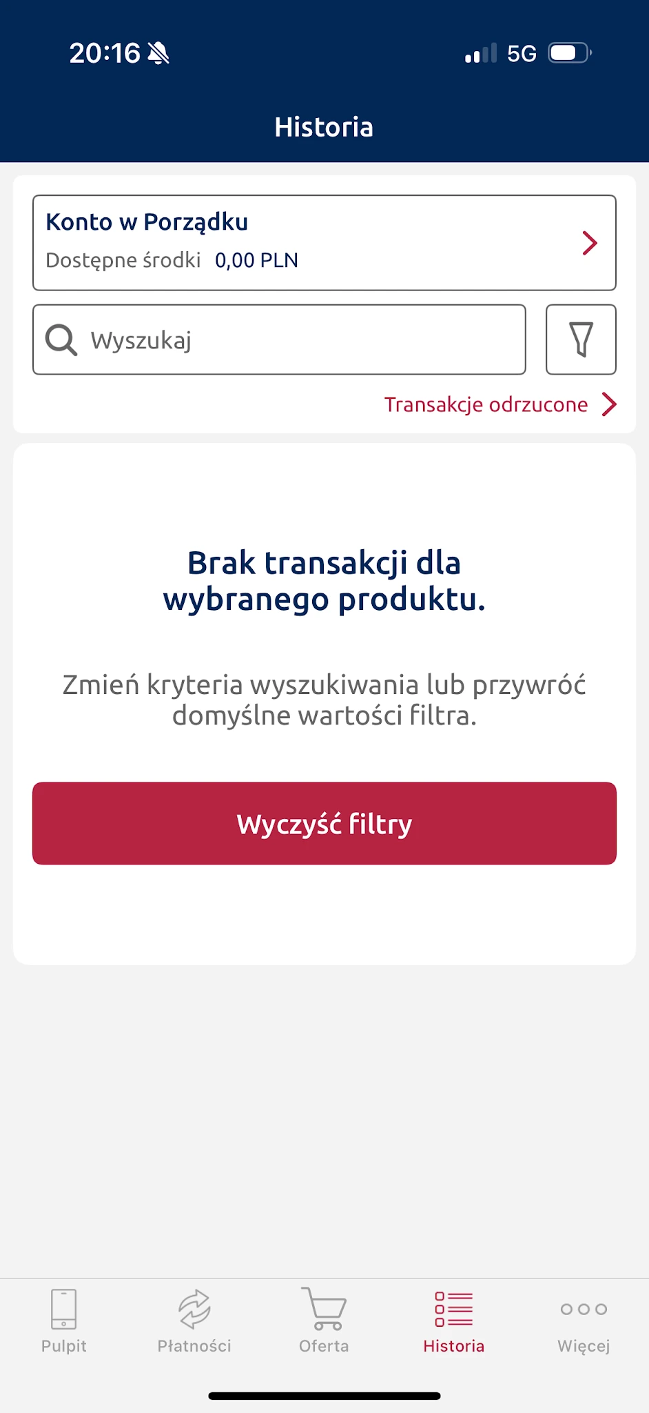 Pusta historia w aplikacji. Przed ponownym szukaniem sprawdź konto i wyczyść filtry.