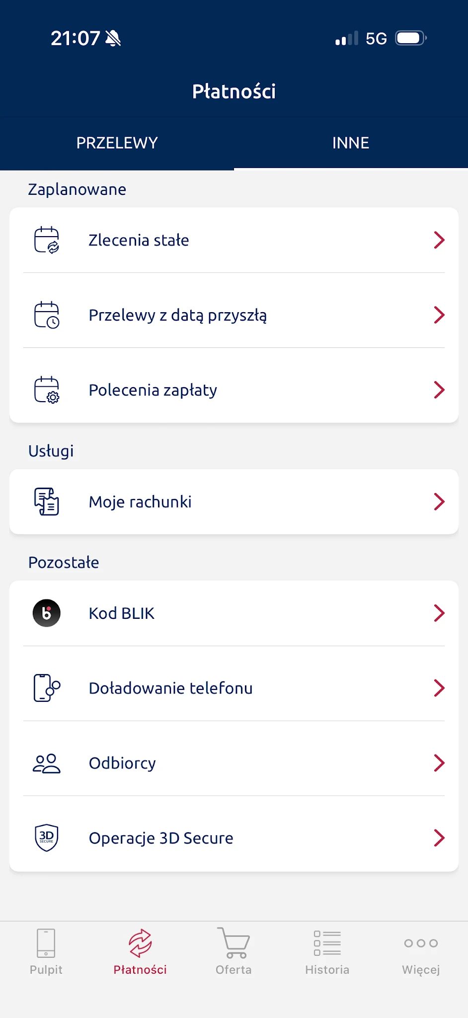 W zakładce Inne znajdziesz osobno Zlecenia stałe i Polecenia zapłaty.