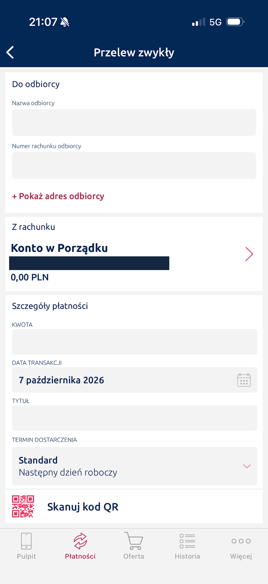 Dane odbiorcy i rachunek obciążany w formularzu. Numer własnego konta został zasłonięty.