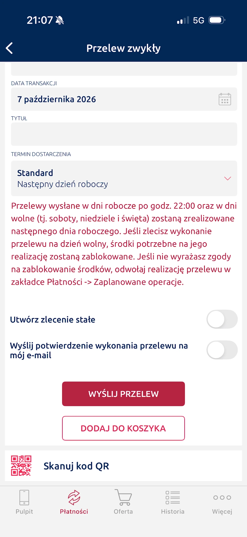 Przełącznik Utwórz zlecenie stałe znajduje się w dolnej części formularza.