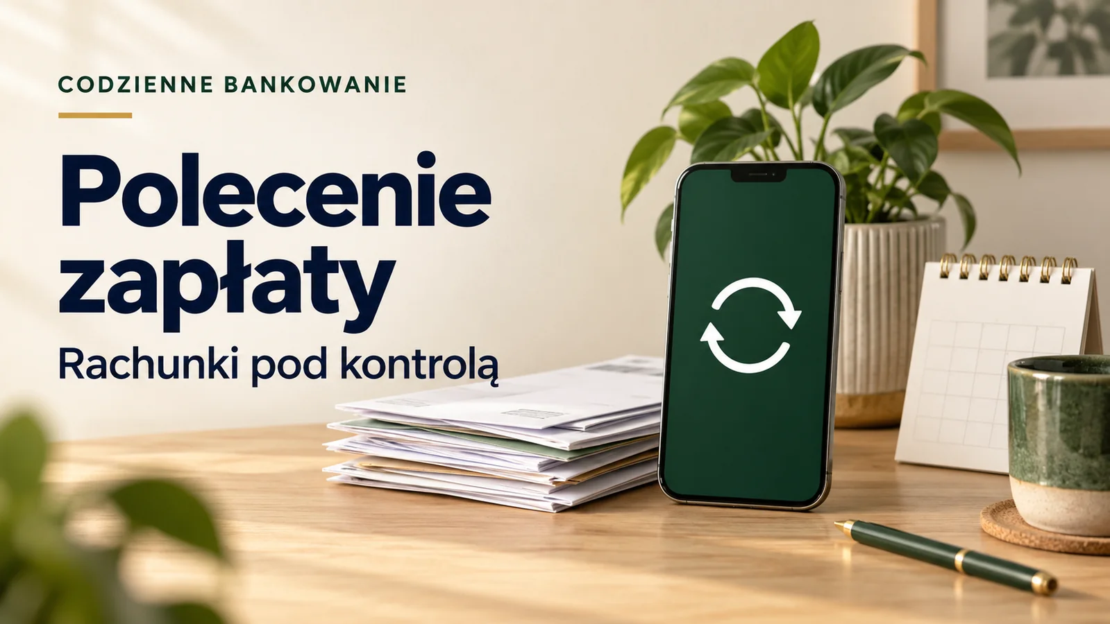 Telefon oraz rachunki na biurku, ilustracja polecenia zapłaty.