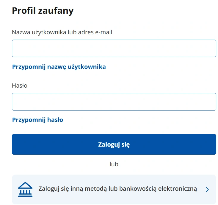 Formularz profilu zaufanego z opcją logowania inną metodą lub bankowością elektroniczną
