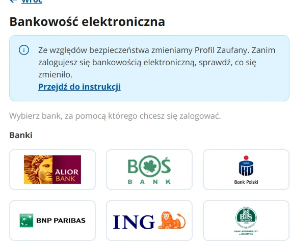 Wybór BNP Paribas na liście banków podczas logowania do profilu zaufanego