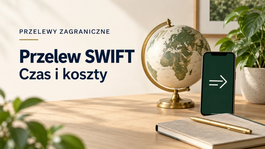 Telefon i globus na biurku, ilustracja przelewu SWIFT.