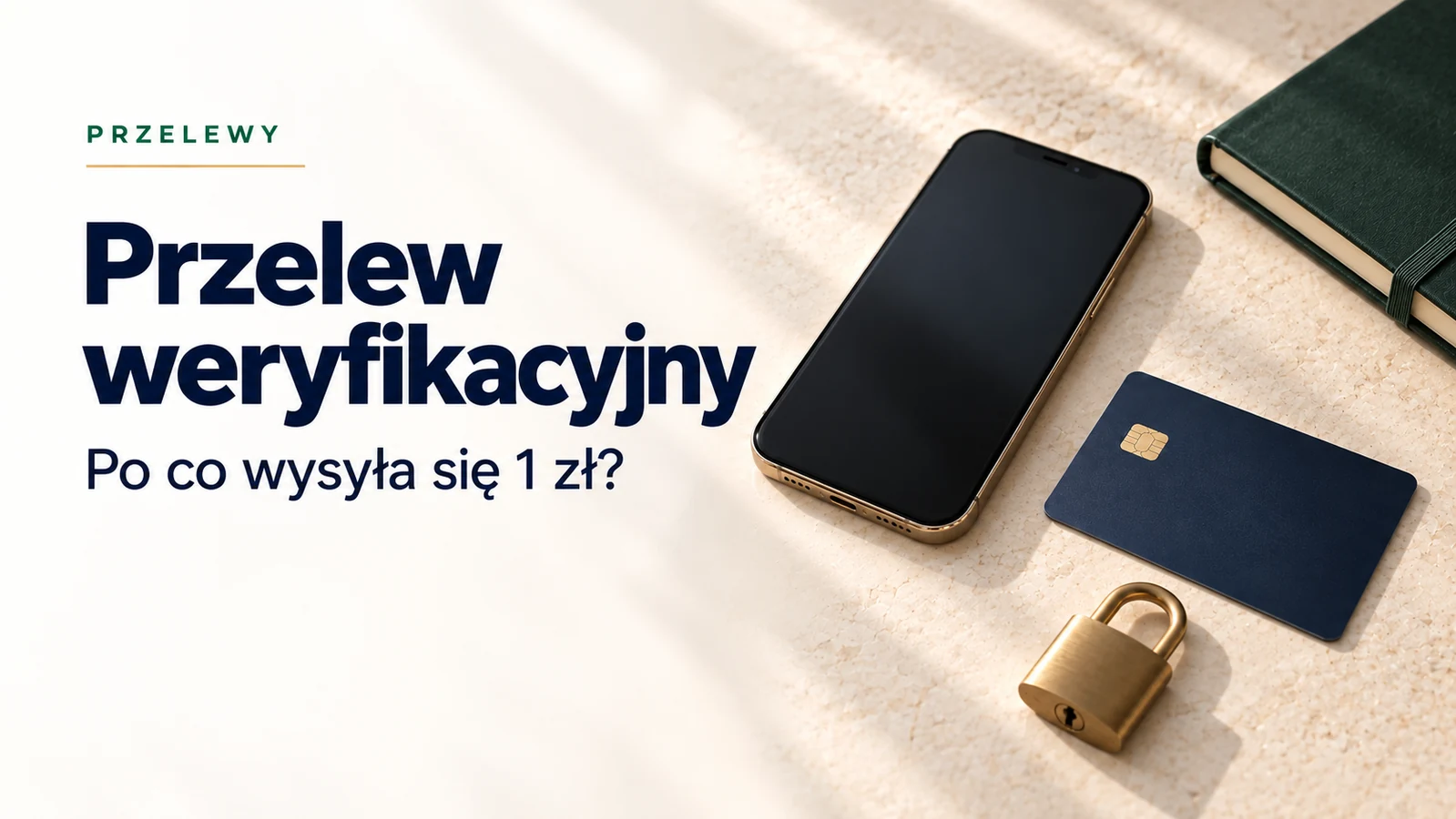 Telefon, karta bankowa i kłódka przy poradniku o bezpiecznym przelewie weryfikacyjnym.