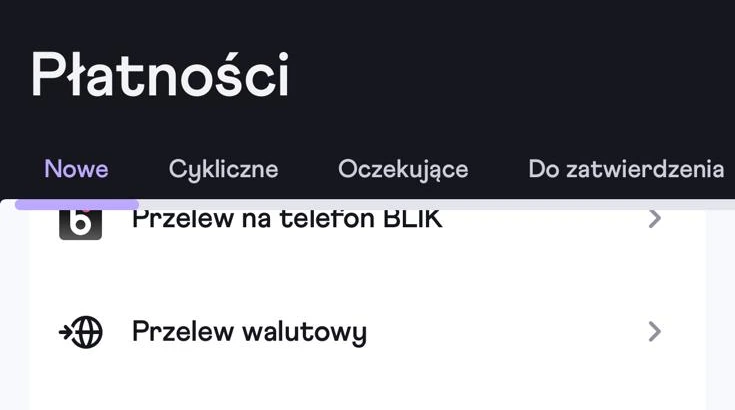 Pozycja Przelew walutowy w menu Płatności aplikacji Nest Banku