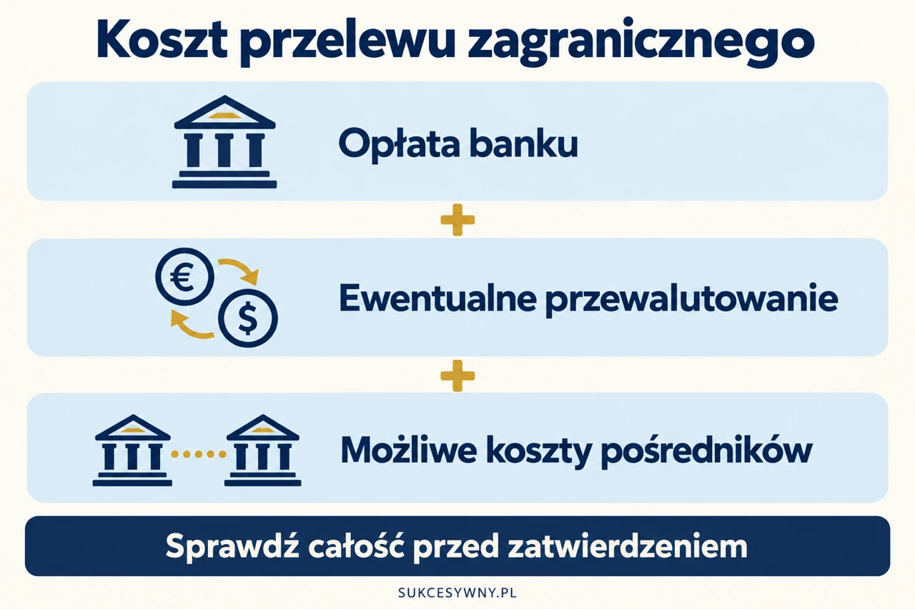 Składniki kosztu przelewu zagranicznego: opłata banku, przewalutowanie i możliwe koszty pośredników