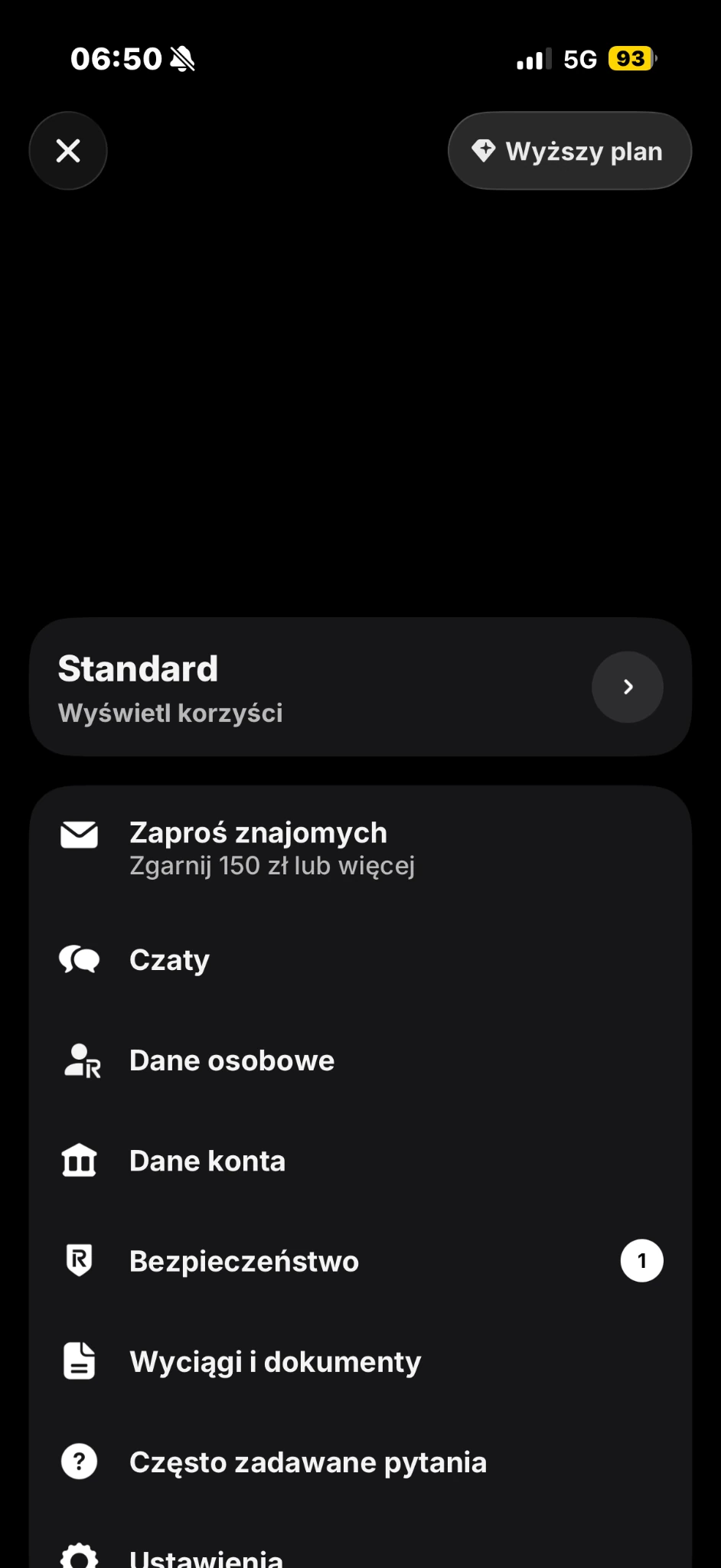 W menu profilu wybierz „Bezpieczeństwo”.