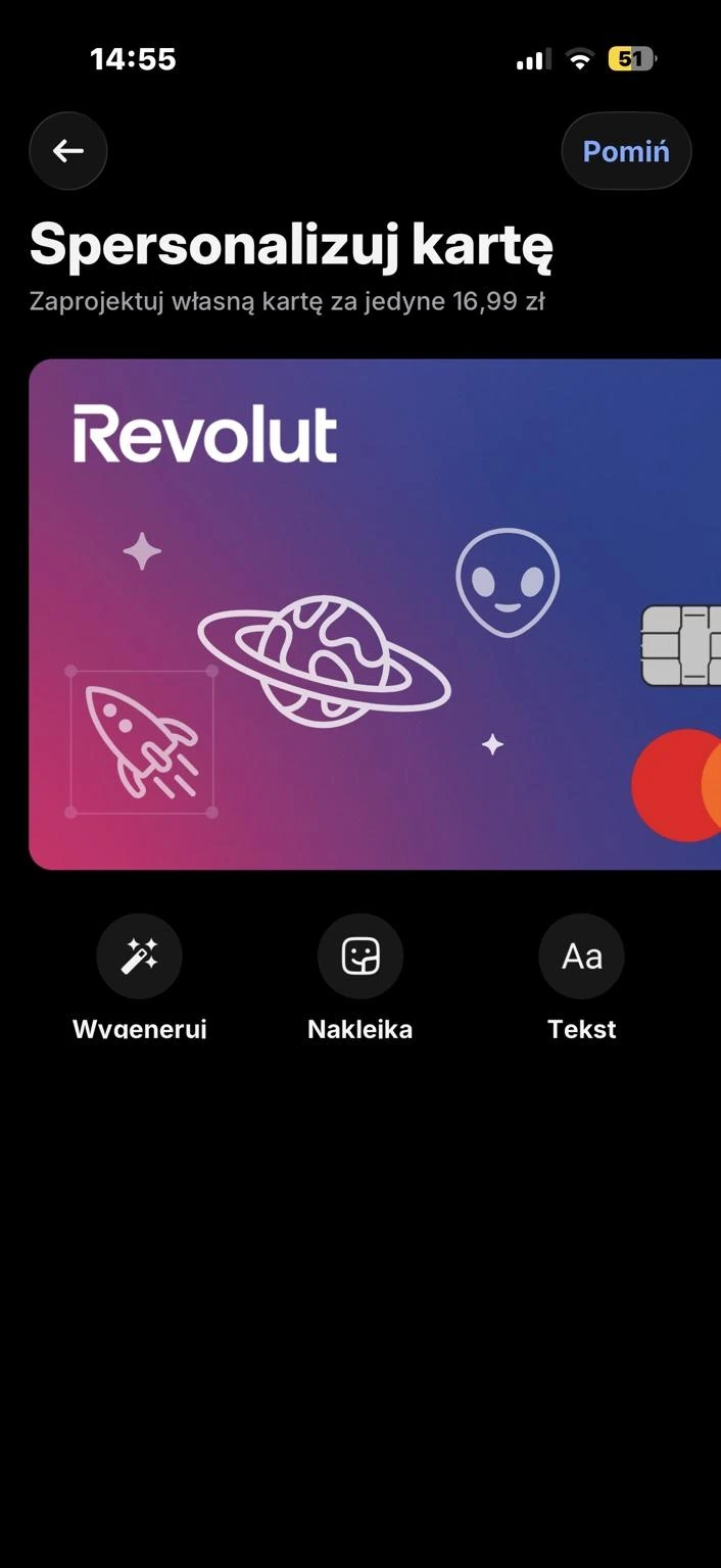 Opcjonalna personalizacja karty Revolut za 16,99 zł, z możliwością pominięcia kroku.