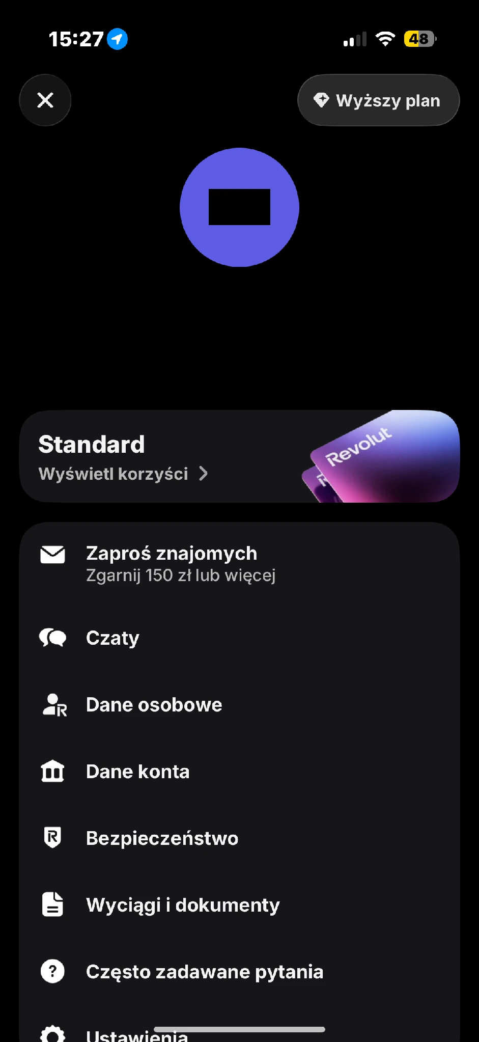 Profil Revolut z planem Standard i przyciskiem przejścia do wyższego planu, po ukryciu danych użytkownika.