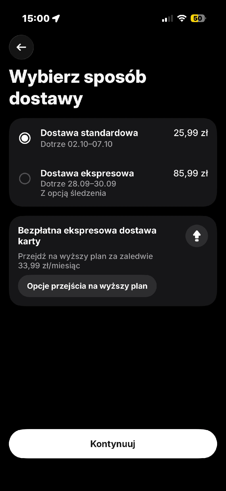 Wybór dostawy karty Revolut: standardowa za 25,99 zł lub ekspresowa za 85,99 zł.