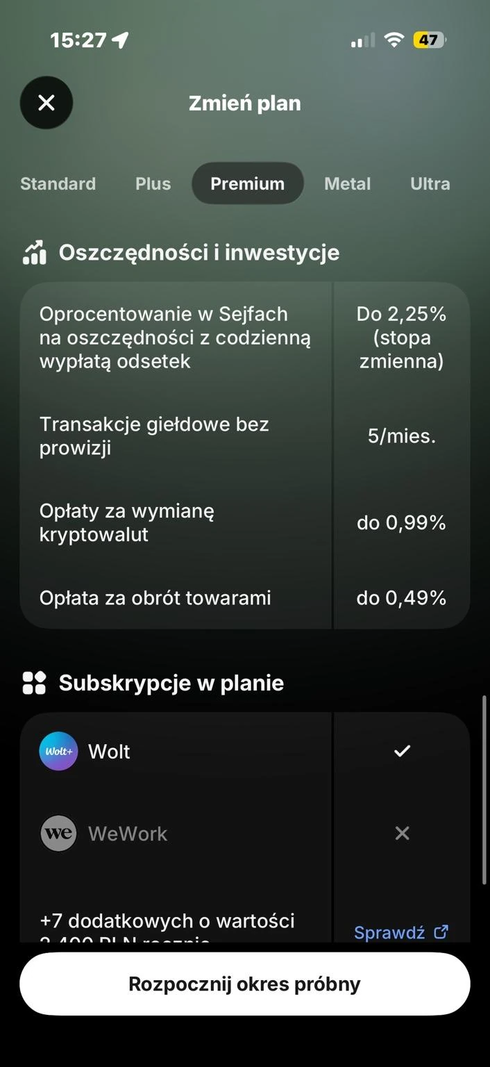 Tabela oszczędności i inwestycji w planie Premium z oprocentowaniem, liczbą transakcji i wyświetlonymi opłatami.