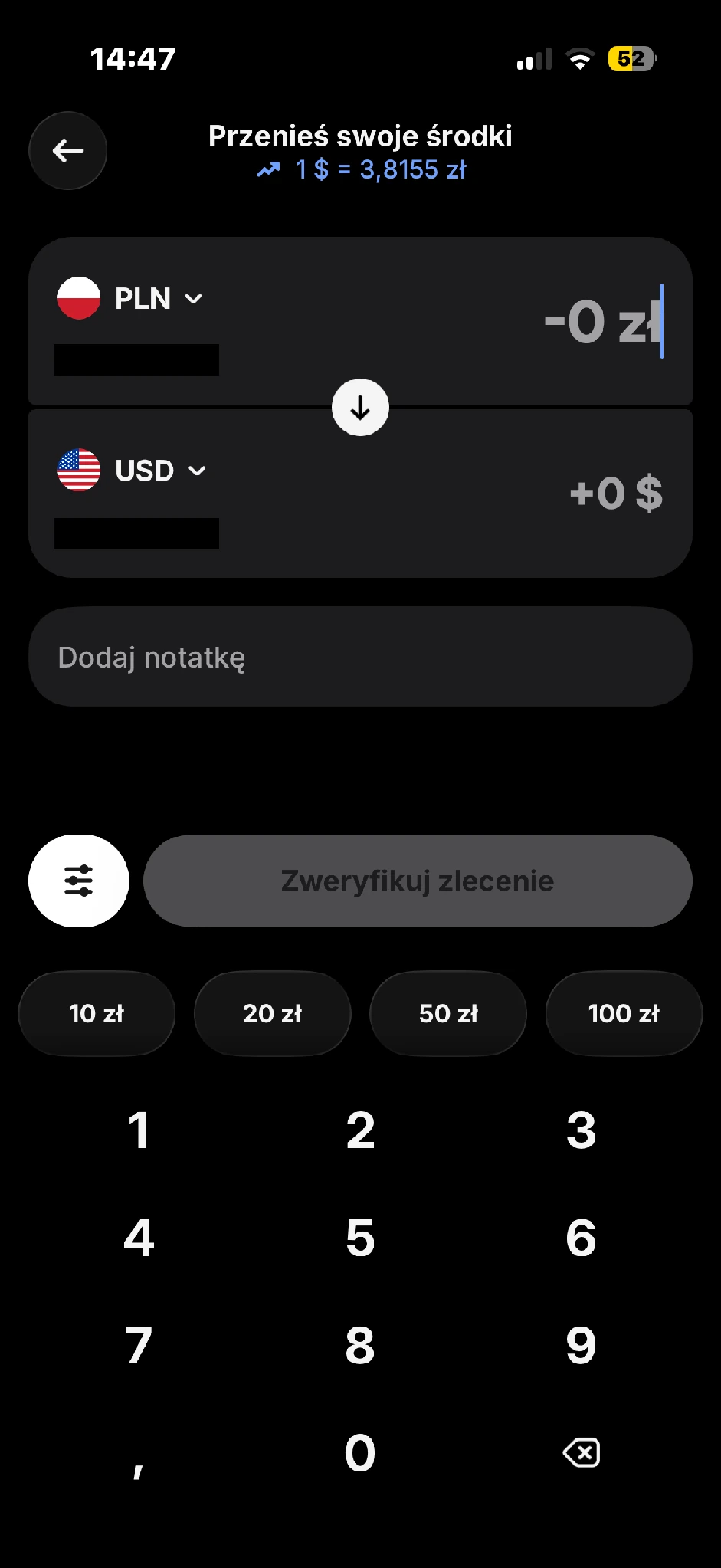 Przygotowanie wymiany PLN na USD w aplikacji Revolut przed wpisaniem kwoty.