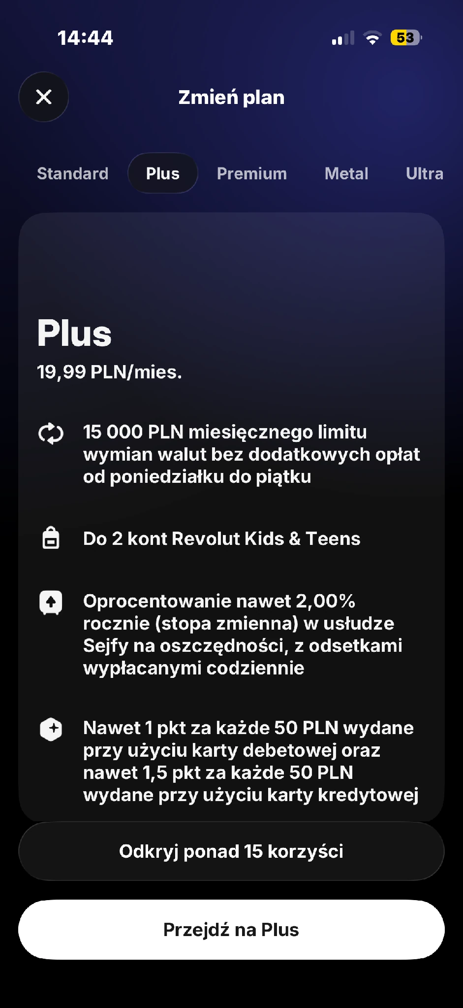 Ekran planu Revolut Plus z ceną 19,99 zł miesięcznie.