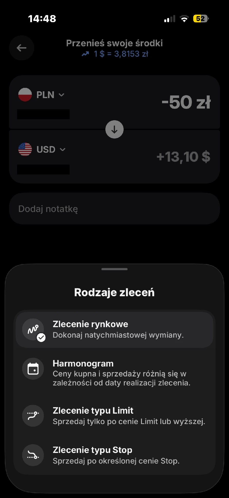 Menu Rodzaje zleceń w Revolut z wybranym zleceniem rynkowym i opcjami Harmonogram, Limit oraz Stop.