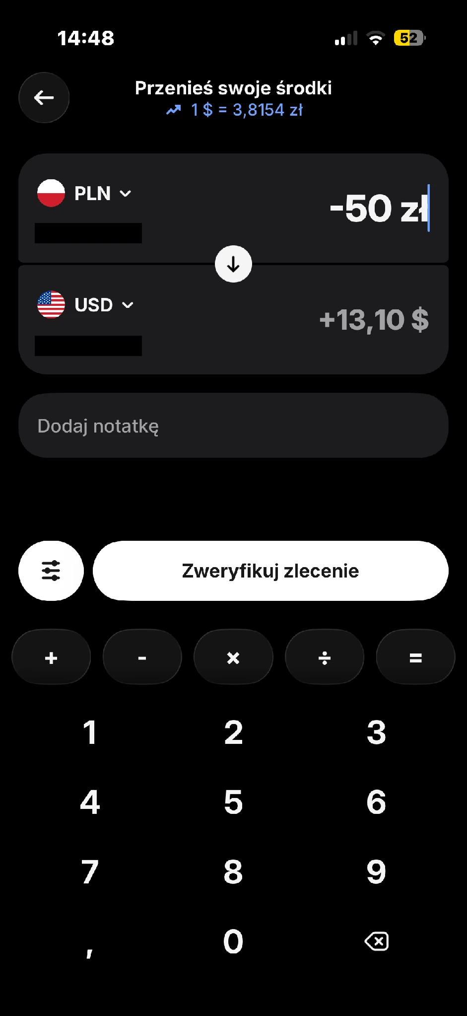Podgląd wymiany 50 zł na 13,10 USD z kursem 3,8154 zł za dolara i przyciskiem Zweryfikuj zlecenie.