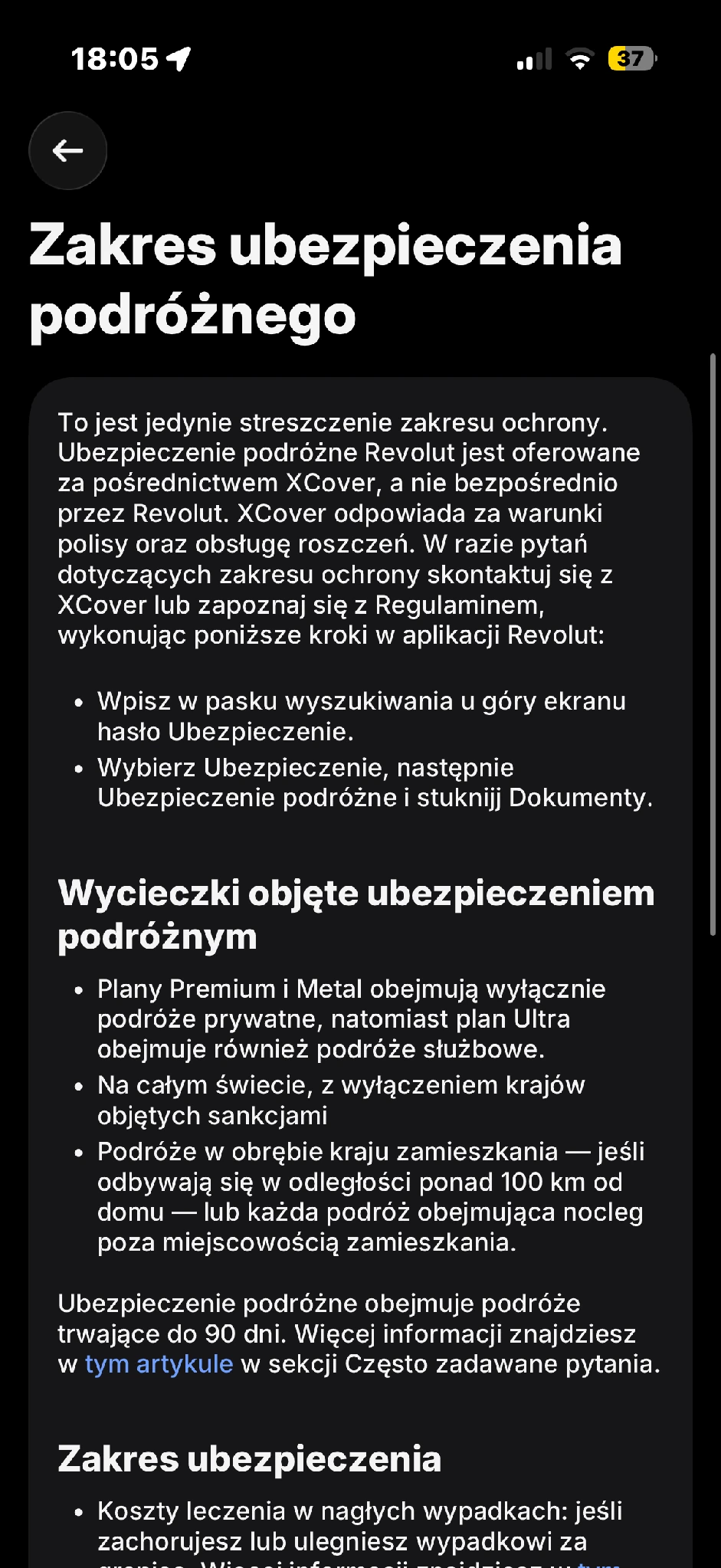 Początek artykułu pomocy o zakresie ubezpieczenia podróżnego i instrukcja dojścia do dokumentów.