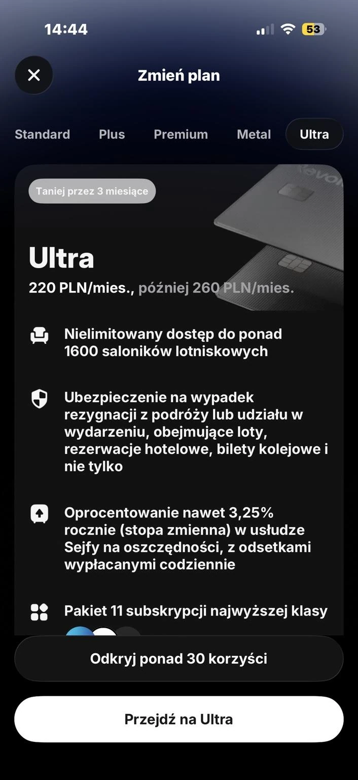 Ekran Revolut Ultra z ofertą 220 zł miesięcznie przez 3 miesiące, następnie 260 zł miesięcznie.
