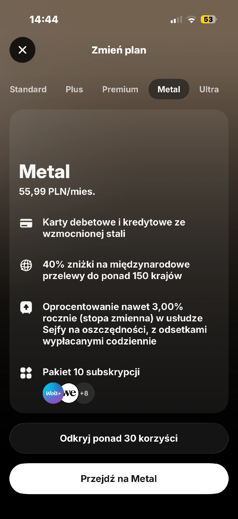 Ekran planu Revolut Metal z ceną 55,99 zł miesięcznie.