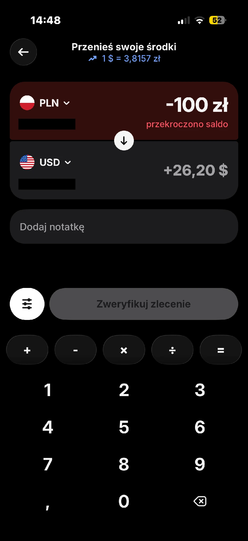 Podgląd wymiany 100 zł na USD z komunikatem o przekroczeniu salda i nieaktywnym przyciskiem weryfikacji.