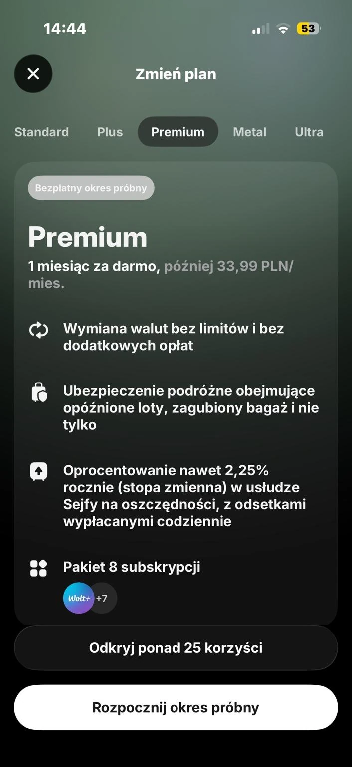 Ekran Revolut Premium z ofertą miesiąca za darmo i ceną 33,99 zł miesięcznie po okresie próbnym.