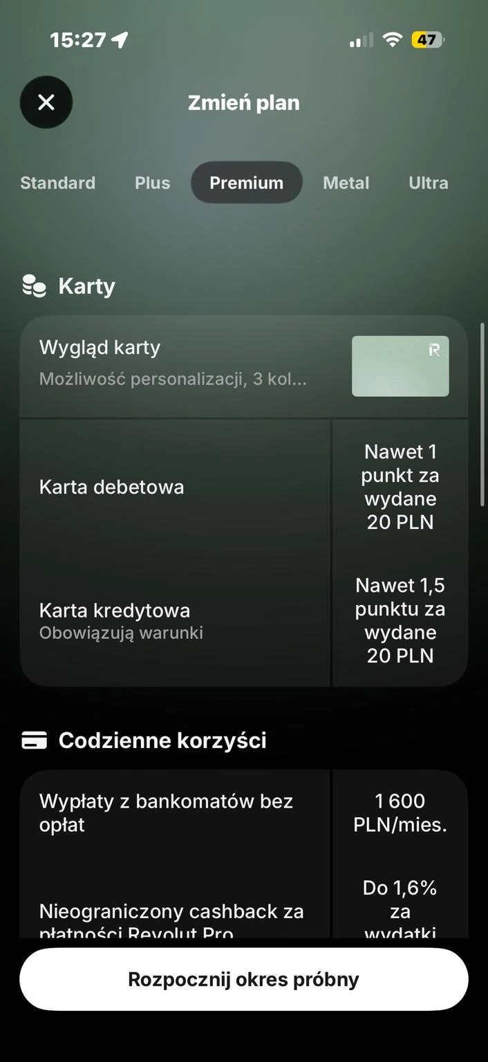 Korzyści kart w planie Premium: punkty za wydatki i miesięczny limit wypłat z bankomatów.