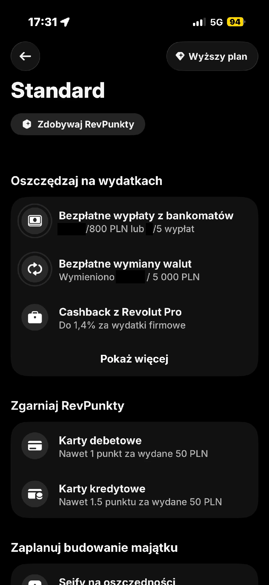 Górna część korzyści Standard: wypłaty, wymiana walut, Revolut Pro oraz zasady zbierania RevPunktów. Prywatne wykorzystanie limitów zasłonięte; limity i stawki oferty widoczne.