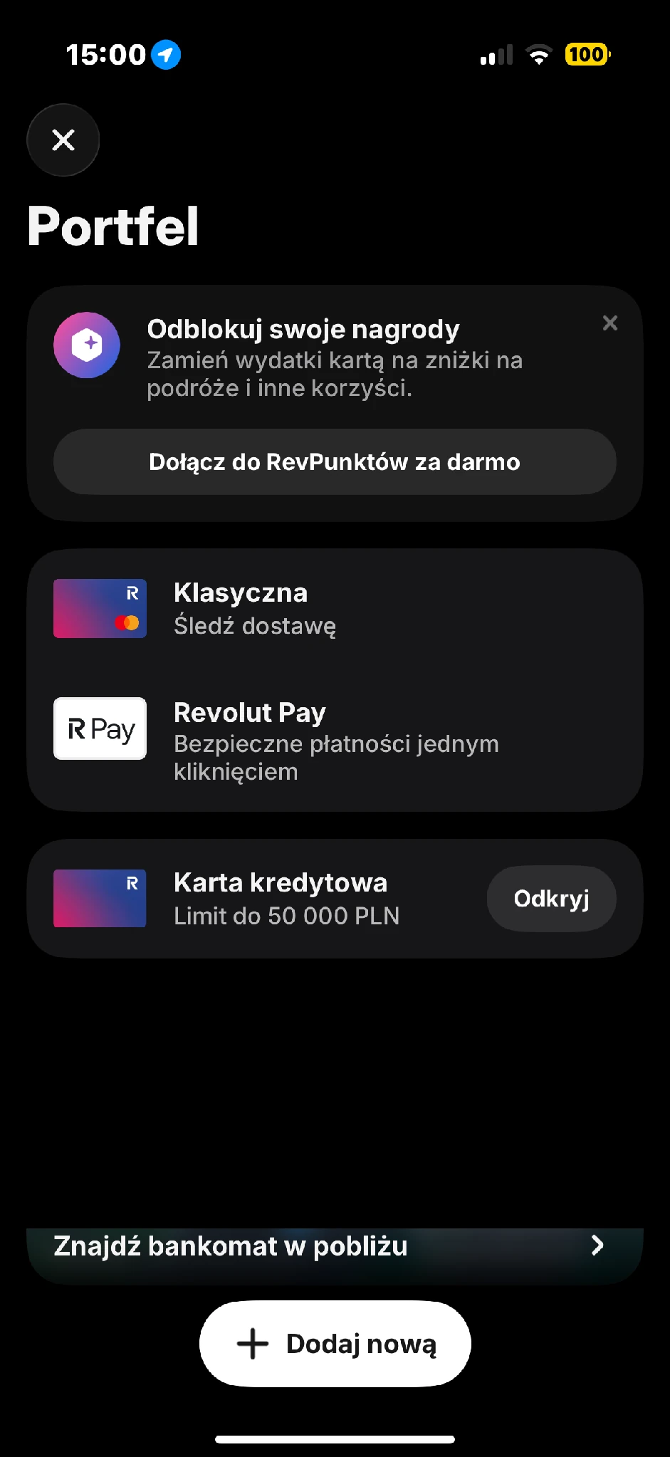Portfel w aplikacji Revolut z pozycją Klasyczna i opcją śledzenia dostawy karty.