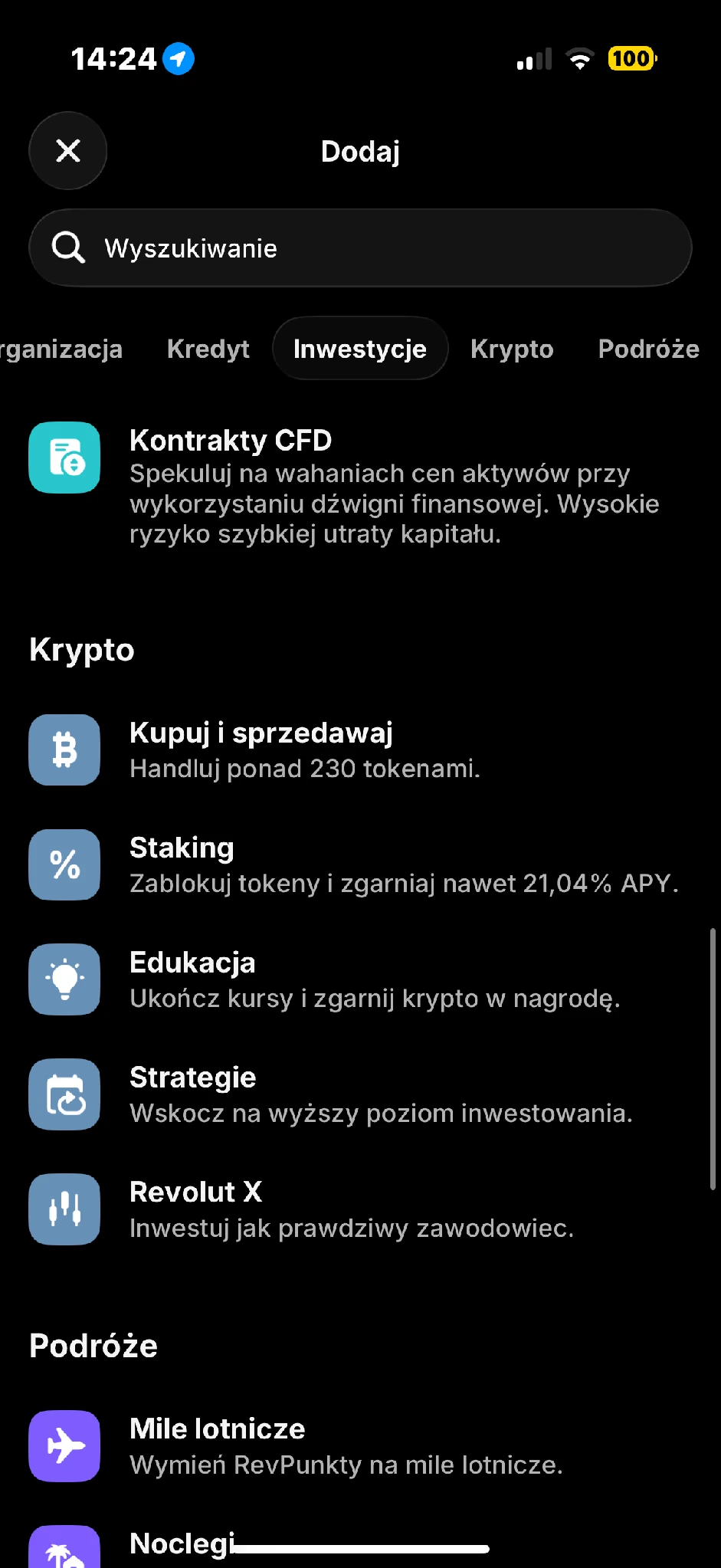 Dalsza część katalogu Revolut z kontraktami CFD i usługami kryptowalutowymi.