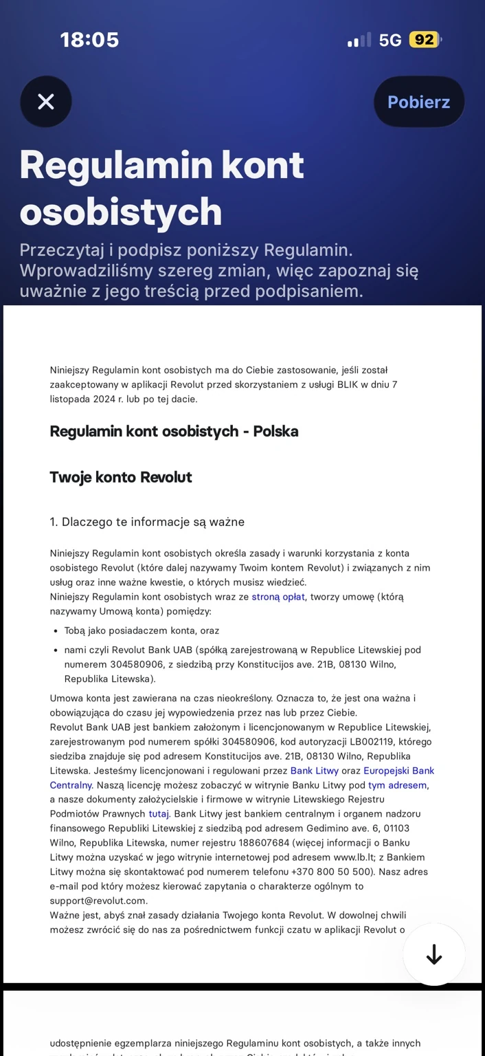 Podgląd Regulaminu kont osobistych z przyciskami Pobierz, zamknięcia i przewijania. Treść zawiera publiczne dane banku, nie dane osobowe użytkownika. Nie jest to regulamin RevPoints ani dokument produktu oszczędnościowego.