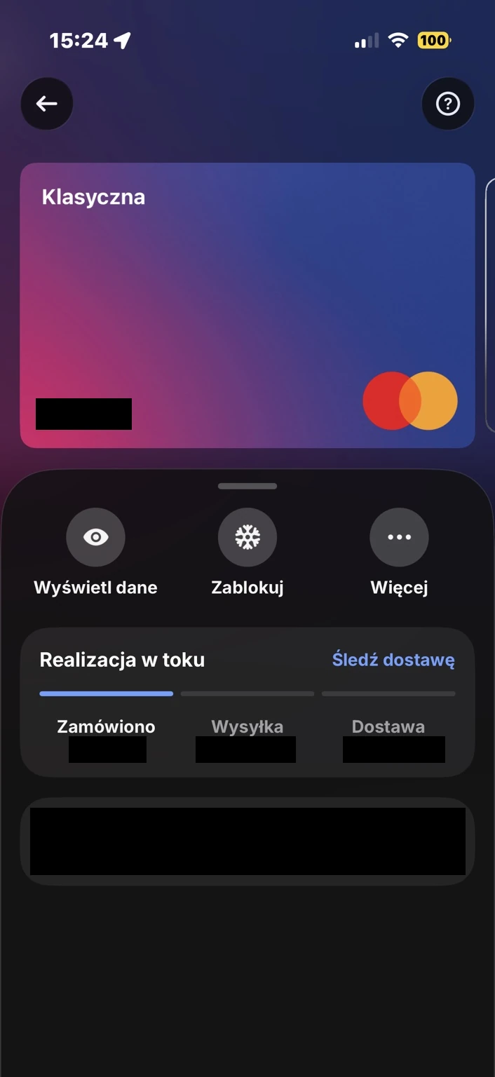 Główny widok karty Klasyczna: Wyświetl dane, Zablokuj, Więcej oraz śledzenie dostawy. Nowy widok, różny od listy kart i ekranu zamawiania.