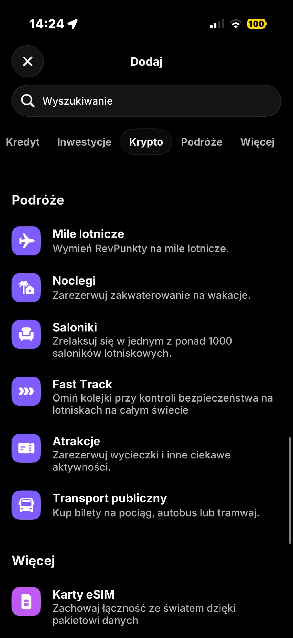 Katalog usług podróżnych Revolut i opcji wymiany RevPunktów na mile.
