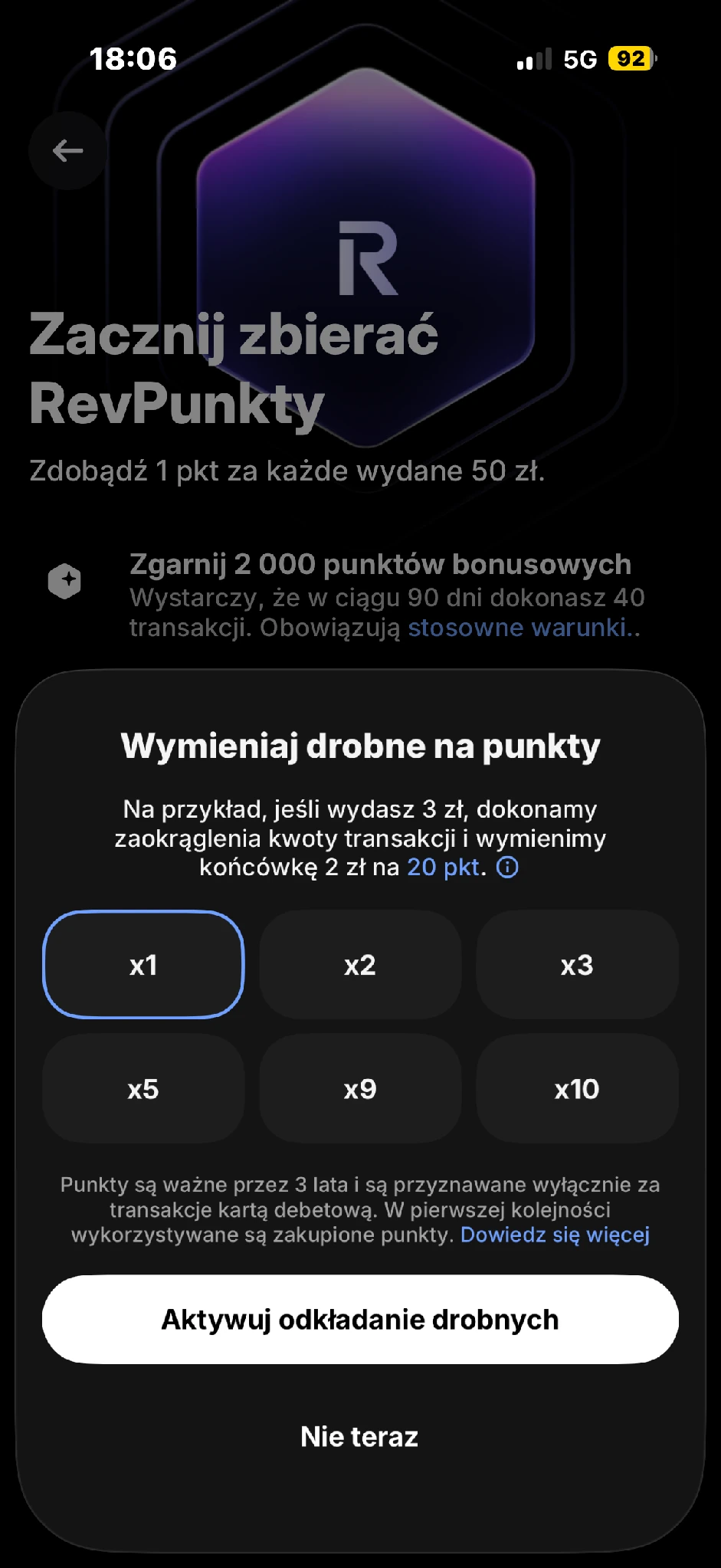 Okno Wymieniaj drobne na punkty: przykład wymiany kwoty zaokrąglenia, mnożniki, Aktywuj odkładanie drobnych i Nie teraz. Nie przedstawia salda punktów ani historii prywatnych transakcji.