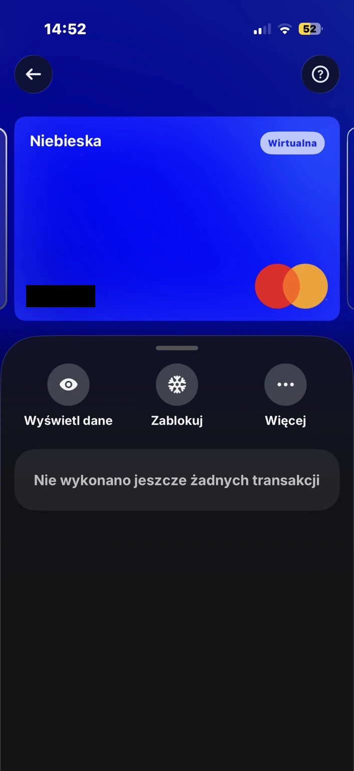 Widok karty wirtualnej Niebieska z przyciskami Wyświetl dane, Zablokuj i Więcej.