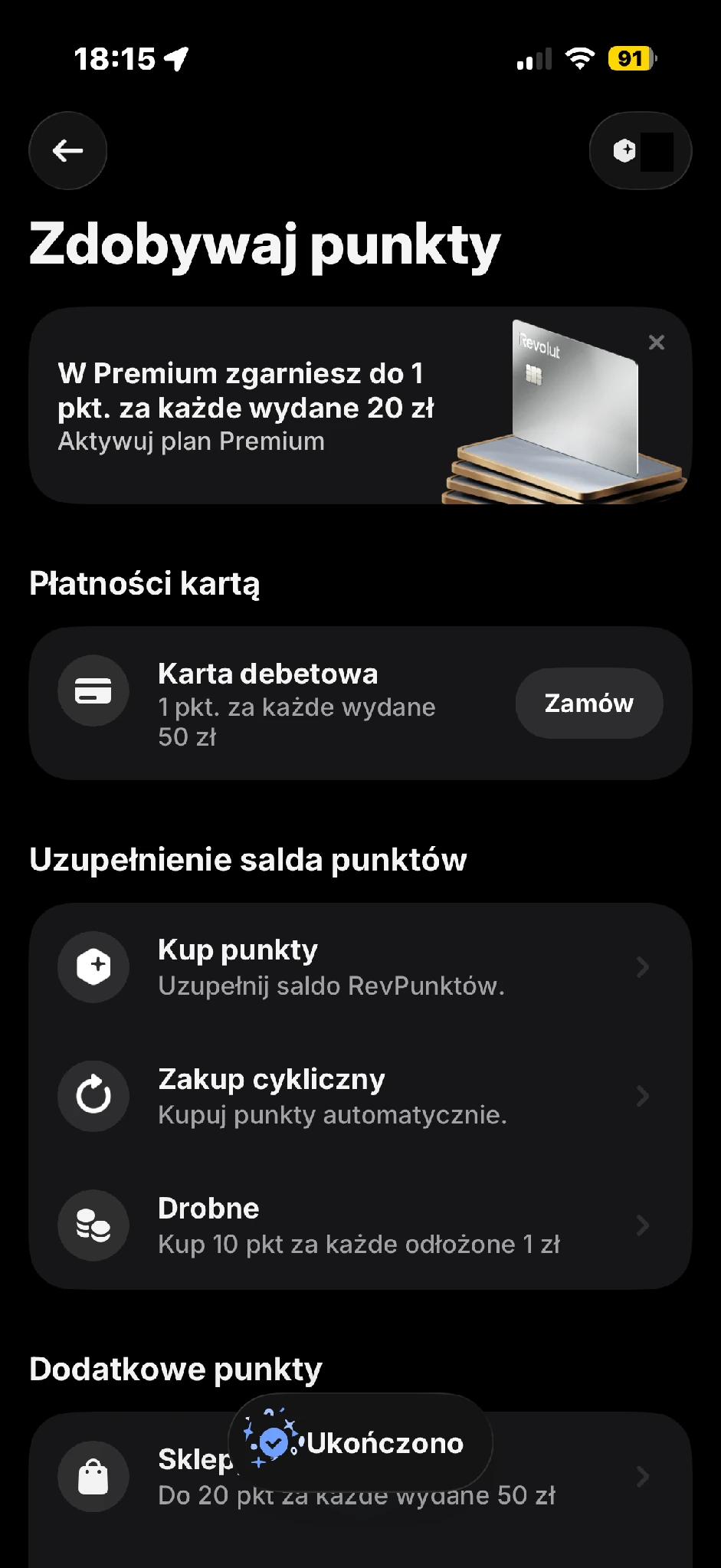 Ekran Zdobywaj punkty: baner Premium, karta debetowa z Zamów, Kup punkty, Zakup cykliczny, Drobne i początek Dodatkowych punktów. Saldo zasłonięte.