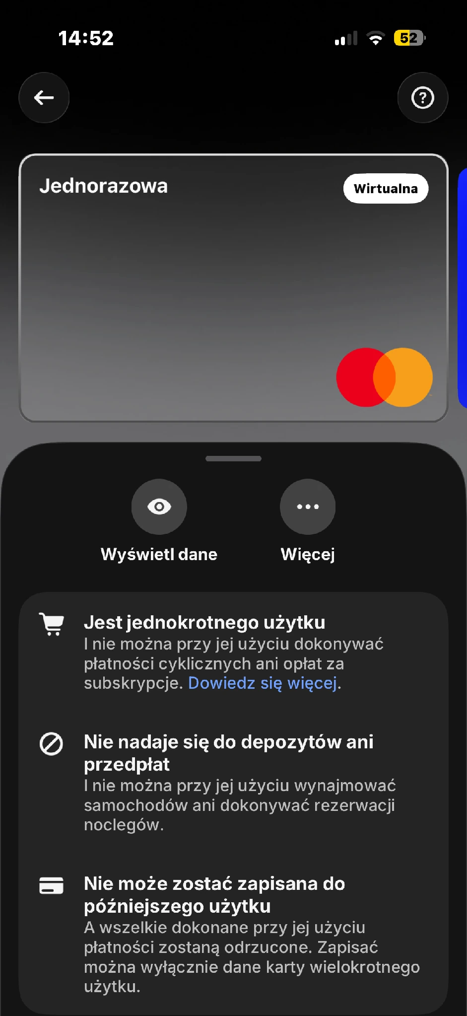 Widok jednorazowej karty wirtualnej z informacjami o ograniczeniach i przyciskami Wyświetl dane oraz Więcej.