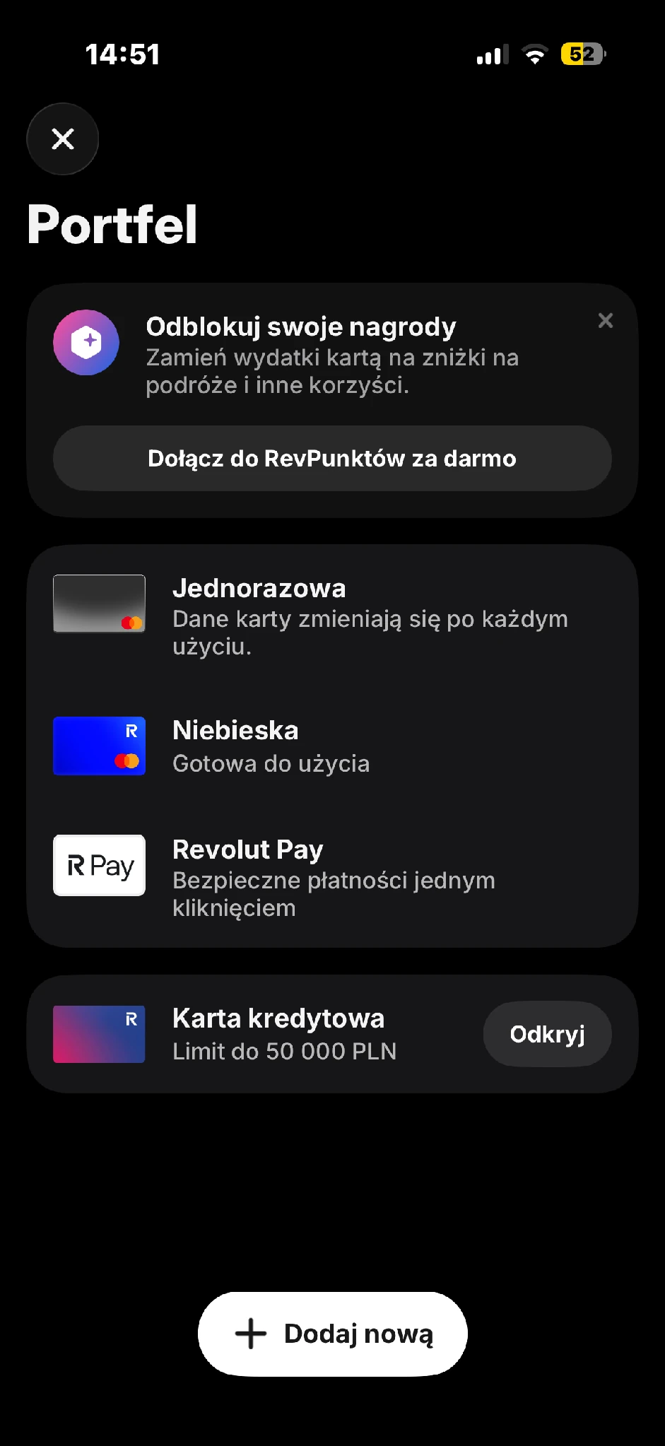 Portfel z kartą jednorazową, kartą Niebieska oraz Revolut Pay. Inny stan niż IMG_6314.png.
