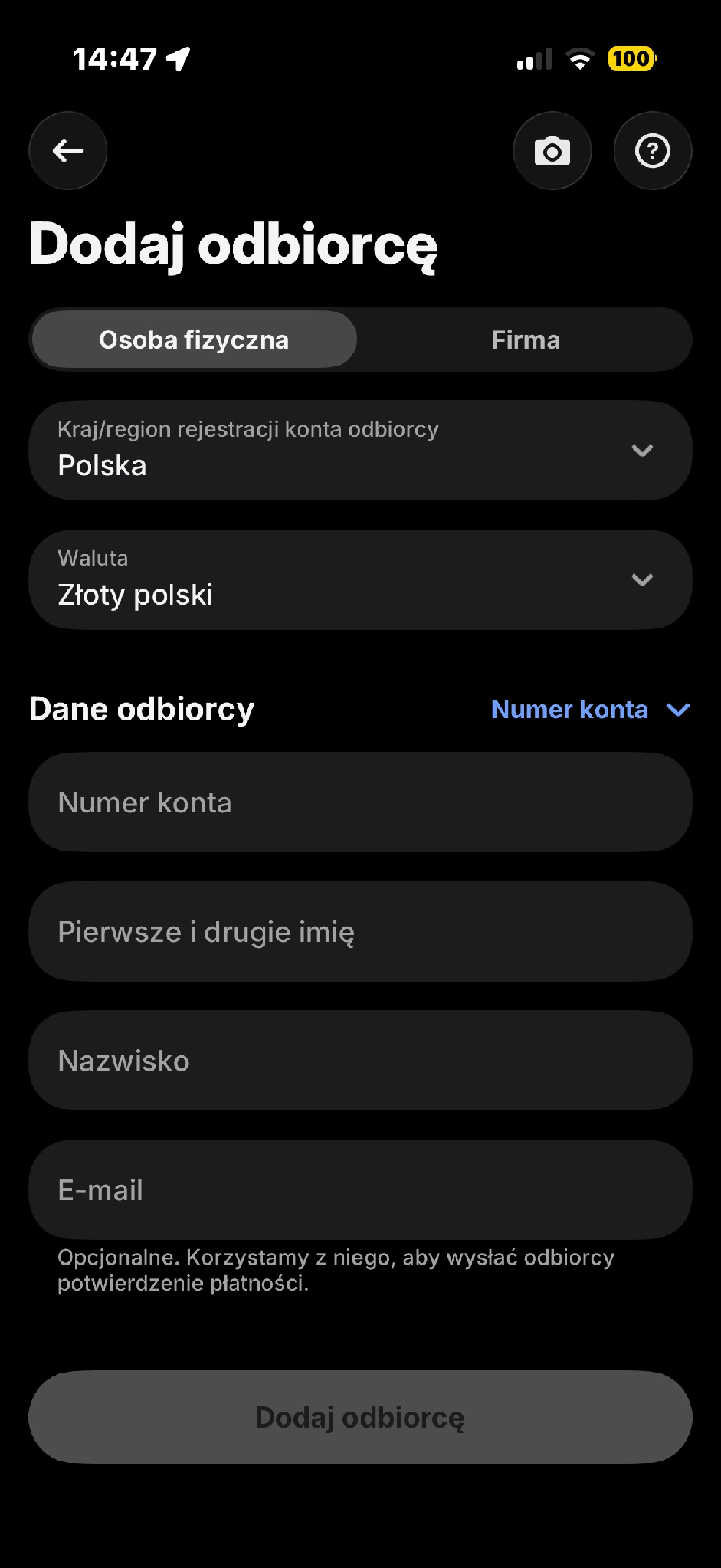 Pusty formularz Dodaj odbiorcę z wyborem kraju i waluty oraz polami danych odbiorcy.