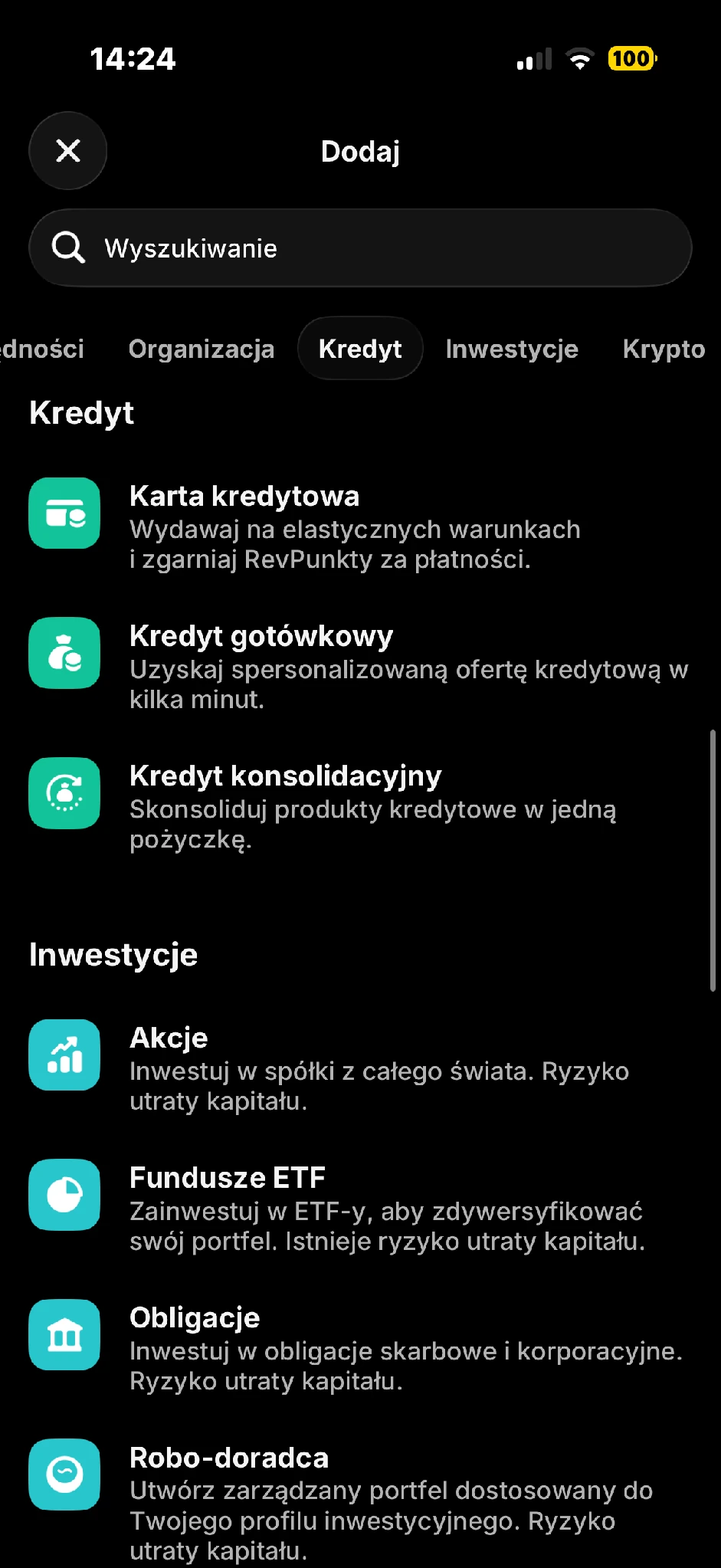 Katalog Revolut z pozycjami Akcje, Fundusze ETF, Obligacje i Robo-doradca.