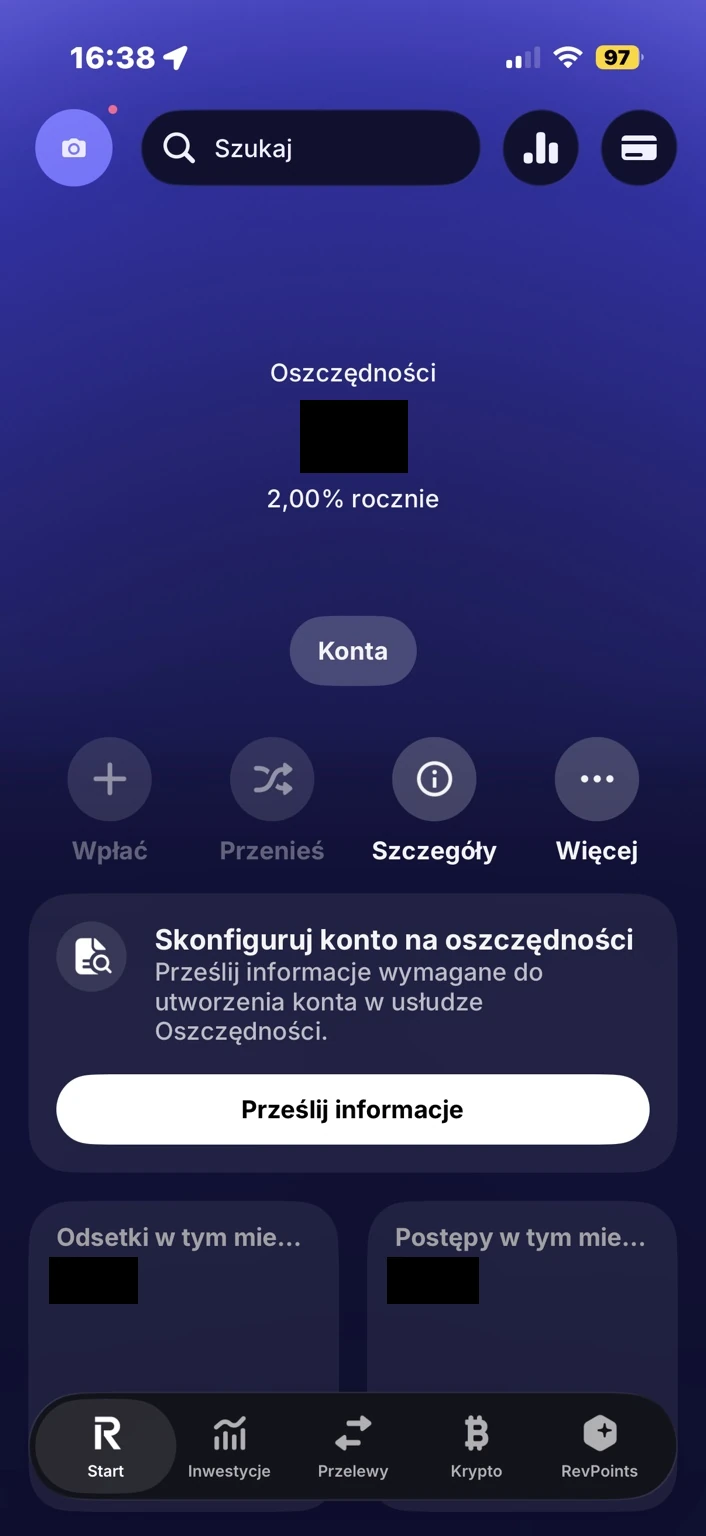 Główny widok Oszczędności z oprocentowaniem, Konta, Szczegóły, Więcej, komunikatem o wymaganych informacjach do utworzenia konta oraz nawigacją RevPoints. Prywatne saldo i dwie kwoty na dolnych kaflach zasłonięte.