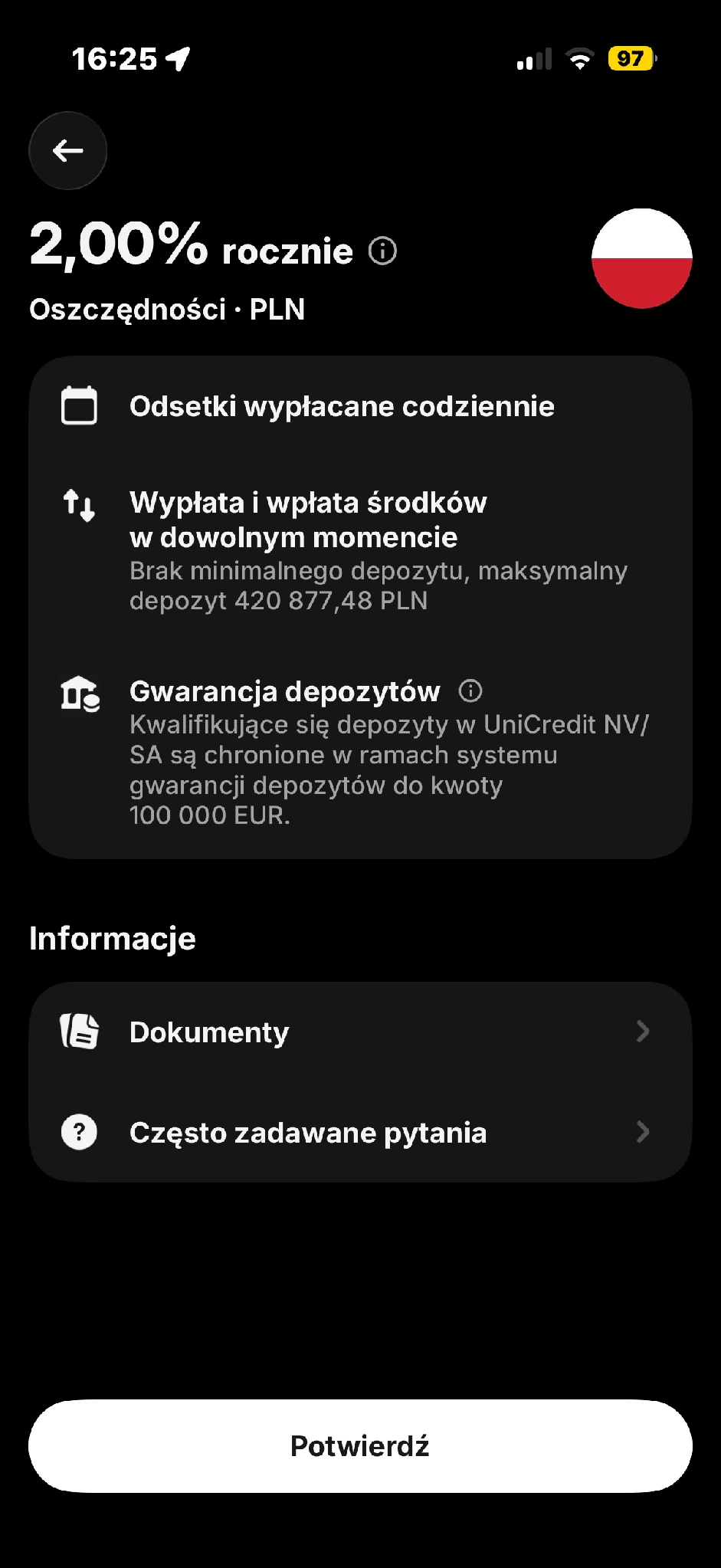 Oszczędności PLN: stawka 2,00% rocznie z ikoną informacji, cechy produktu, maksymalny depozyt, wzmianka o gwarancji depozytów w UniCredit NV/SA, Dokumenty, Często zadawane pytania i Potwierdź. Brak salda i danych prywatnych.
