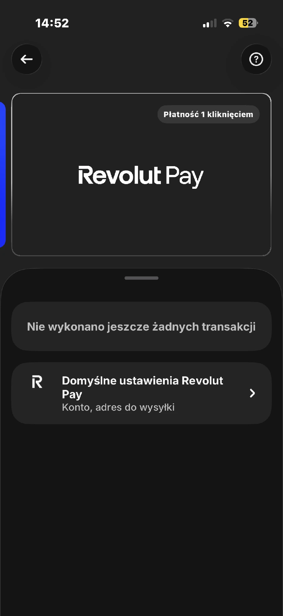 Widok Revolut Pay z wejściem do domyślnych ustawień konta i adresu do wysyłki.
