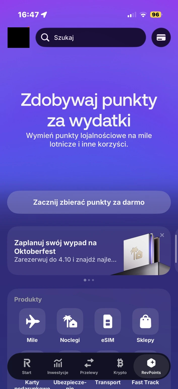 Górna część RevPoints: zachęta do zbierania punktów, przycisk rozpoczęcia, baner promocyjny i początek katalogu produktów. Brak salda punktów.